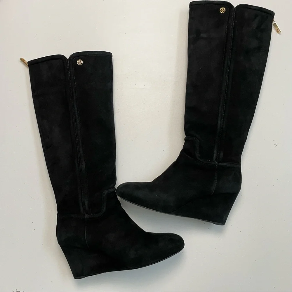 Tory Burch Boots Irene Wedge Tall Softy Suede Leather Logo Black